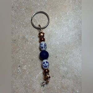 Blue and White Beaded Keychain with Rose Gold Accents